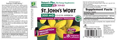 Photo of the Nature's Plus Herbal Actives St. John's Wort 300 Mg 0.3-0.5% Hypericin label