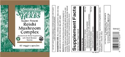 Photo of the Swanson Superior Herbs Super Potent Reishi Mushroom Complex with Shell-Broken Spores label