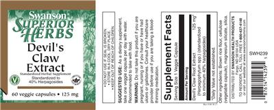 Photo of the Swanson Superior Herbs Devil's Claw Extract 125 mg label