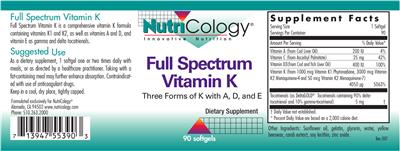 Photo of the NutriCology Full Spectrum Vitamin K label