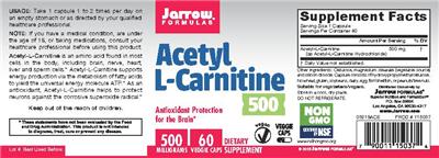 Photo of the Jarrow Formulas Acetyl L-Carnitine 500 mg label