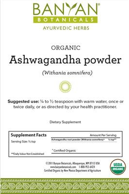 Photo of the Banyan Botanicals Organic Ashwagandha Powder label