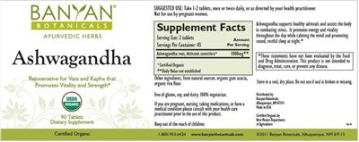 Photo of the Banyan Botanicals Ashwagandha Tablets label
