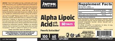 Photo of the Jarrow Formulas Alpha Lipoic Acid 100 mg with Biotin label