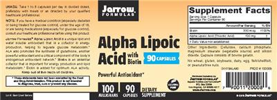 Photo of the Jarrow Formulas Alpha Lipoic Acid 100 mg with Biotin label