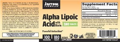 Photo of the Jarrow Formulas Alpha Lipoic Acid 100 mg with Biotin label