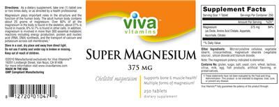 Photo of the Viva Vitamins Super Magnesium 375 MG label