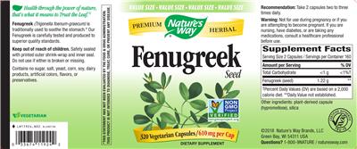 Photo of the Nature's Way Fenugreek Seed 610 mg label