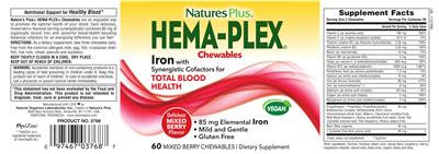 Photo of the Natures Plus Hema-Plex Chewables Delicious Mixed Berry Flavor label