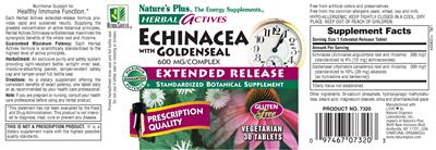 Photo of the Nature's Plus Herbal Actives Echinacea With Goldenseal 600 MG/Complex Extended Release label