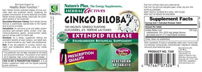 Photo of the Nature's Plus Herbal Actives Ginkgo biloba 120 mg Extended Release label