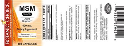 Photo of the Botanic Choice MSM 500 mg label