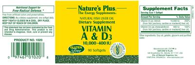 Photo of the Nature's Plus Vitamin A & D3 10,000-400 IU label