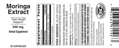 Photo of the Indiana Botanic Gardens Moringa Extract 500 mg label