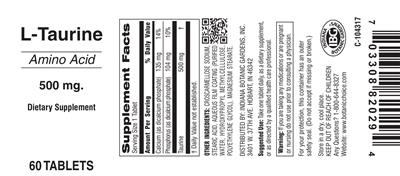 Photo of the Indiana Botanic Gardens L-Taurine 500 mg label