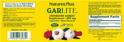 Photo of the Natures Plus Garlite label