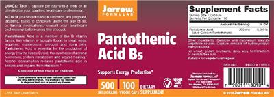 Photo of the Jarrow Formulas Pantothenic Acid B5 500 mg label