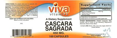 Photo of the Viva Vitamins Cascara Sagrada 450 mg label
