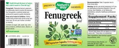 Photo of the Nature's Way Fenugreek Seed 610 mg label