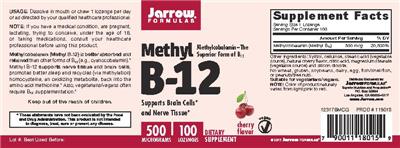 Photo of the Jarrow Formulas Methyl B-12 Cherry Flavor 500 mcg label