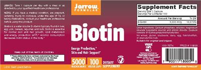 Photo of the Jarrow Formulas Biotin 5000 mcg label