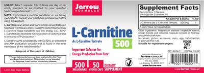 Photo of the Jarrow Formulas L-Carnitine 500 mg label