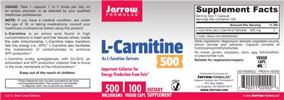 Photo of the Jarrow Formulas L-Carnitine 500 mg label