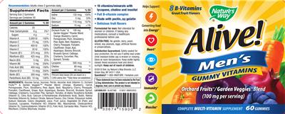 Photo of the Nature's Way Alive! Men's Gummy Vitamins label