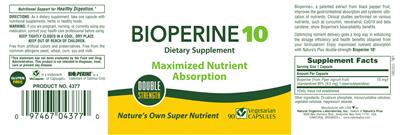 Photo of the Nature's Plus Double Strength Bioperine 10 label