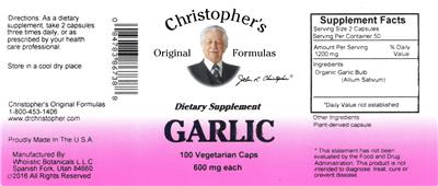 Photo of the Christopher's Original Formulas Garlic 600 mg label