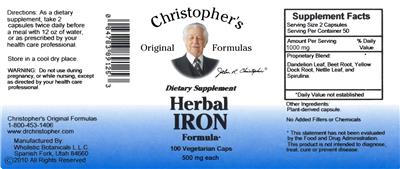 Photo of the Christopher's Original Formulas Herbal Iron Formula label