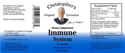Photo of the Christopher's Original Formulas Immune System Formula label