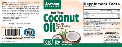 Photo of the Jarrow Formulas Extra Virgin Coconut Oil 1000 mg label