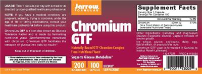 Photo of the Jarrow Formulas Chromium GTF 200 mcg label