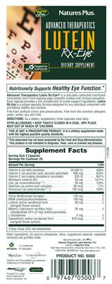 Photo of the Natures Plus Advanced Therapeutics Lutein Rx-Eye label