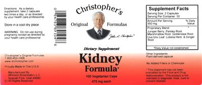 Photo of the Christopher's Original Formulas Kidney Formula label