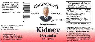 Photo of the Christopher's Original Formulas Kidney Formula label