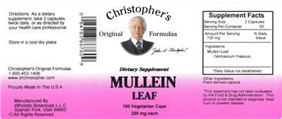 Photo of the Christopher's Original Formulas Mullein Leaf 350 mg label