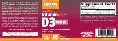 Photo of the Jarrow Formulas Vitamin D3 400 IU In Extra Virgin Olive Oil label