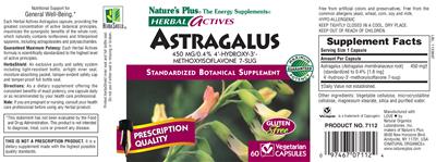 Photo of the Nature's Plus Herbal Actives Astragalus 450 mg label