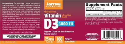 Photo of the Jarrow Formulas Vitamin D3 1000 IU In Extra Virgin Olive Oil label