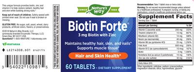 Photo of the Nature's Way Biotin Forte 3 mg Biotin with Zinc label