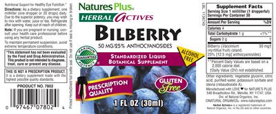 Photo of the Natures Plus Herbal Actives Bilberry 50 mg label