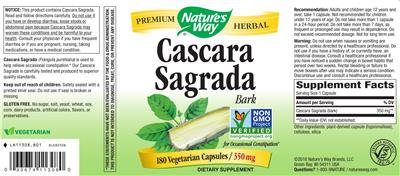 Photo of the Nature's Way Cascara Sagrada Bark 350 mg label
