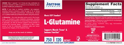 Photo of the Jarrow Formulas L-Glutamine 750 mg label