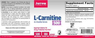 Photo of the Jarrow Formulas L-Carnitine 500 mg label