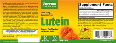 Photo of the Jarrow Formulas Lutein 20 mg label