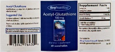 Photo of the Allergy Research Group Acetyl-Glutathione 100 mg label