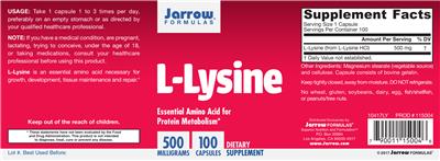 Photo of the Jarrow Formulas L-Lysine 500 mg label