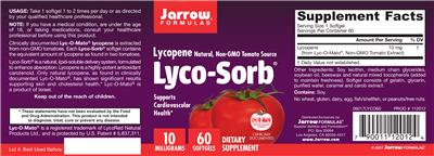 Photo of the Jarrow Formulas Lyco-Sorb 10 mg label